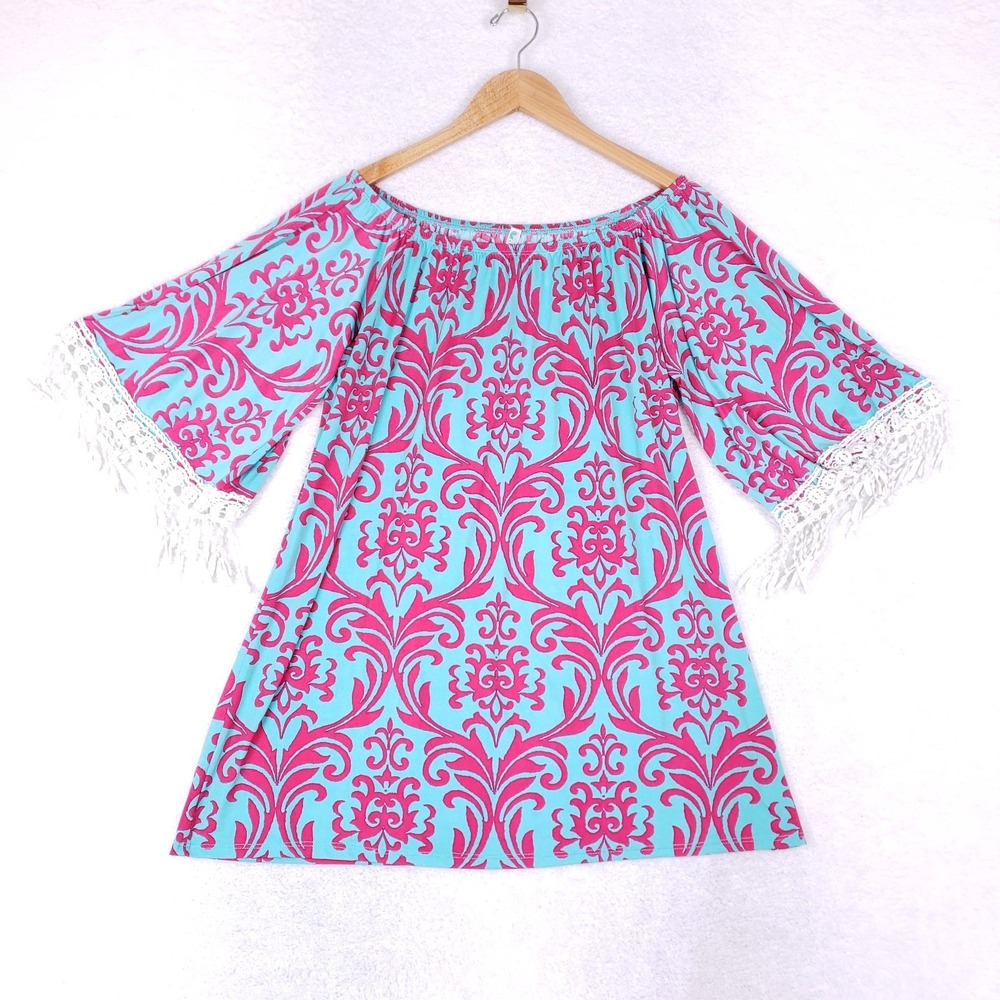 Auditions Off Shoulder Boho Dress L Aqua Pink Baroque Print Lace‎ Trim Made USA